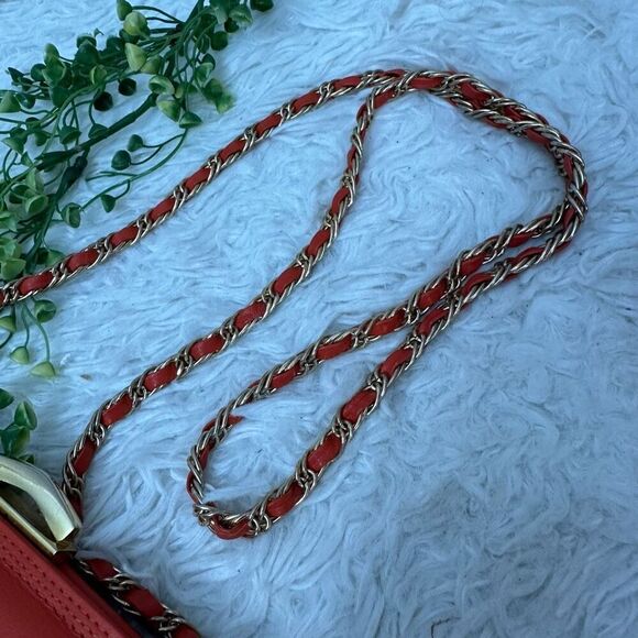 Liz Claiborne Vintage Red Orange Leather Snap Lock‎ Chain Strap Shoulder Bag - Picture 6 of 10